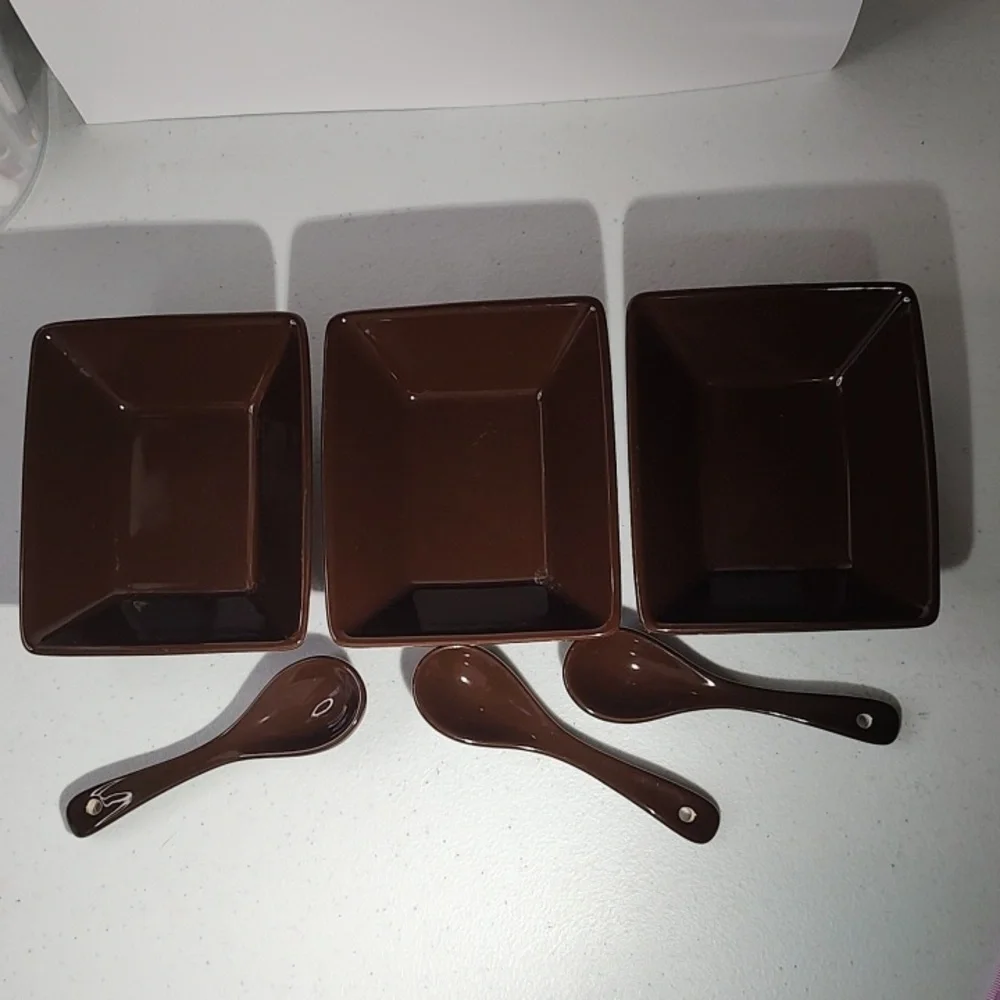 Longaberger Vitrified Pottery Set Of 3 Tasting Bowls With Spoons In Chocolate